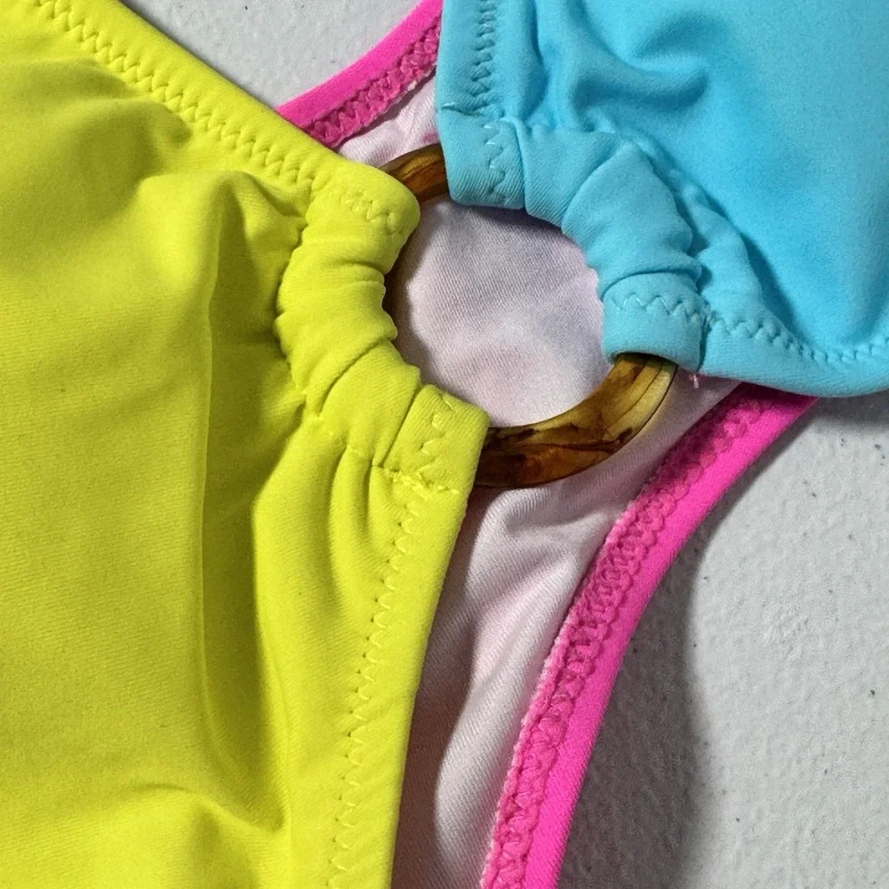 Kamoni‎ One Piece Swimsuit Colorblock Cutout Neon Dopamine Swimwear L NWT